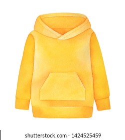 Casual hooded sweatshirt (hoodie) and long sleeves   big front pocket  Bright yellow color  Handdrawn watercolour graphic paint white background  cutout clip art element for design decoration 