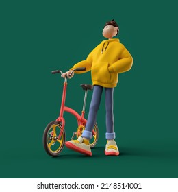 Casual kawaii funny brunette guy wears yellow hoodie, blue jeans, white sneakers stands near his folding red bicycle, alloy wheels. Minimal style. Healthy active lifestyle. 3d render on green backdrop