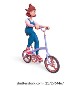 Casual kawaii funny smiling brunette girl in glasses wears blue overalls, red sneakers, t-shirt rides a bicycle. Healthy lifestyle, sports and outdoor recreation. 3d render isolated on white backdrop. - Powered by Shutterstock