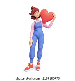 Casual kawaii funny smiling brunette girl in glasses wears blue overalls, pink t-shirt stands holding red heart shape with her hand. I Love You. Self acceptance. 3d render isolated on white backdrop. - Powered by Shutterstock