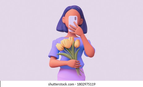 Casual young black woman in blue t-shirt, purple skirt, with dark short hair, posing, taking selfie on smart phone camera. Faceless girl holds yellow tulips in one hand. Modern art. 3d illustration.