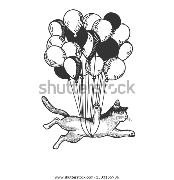 猫は風船の上を飛び ラスターイラスト を彫ったスケッチを描きます Tシャツのアパレルプリントデザイン スクラッチボードのスタイルの模倣 白黒の手描きの画像 のイラスト素材