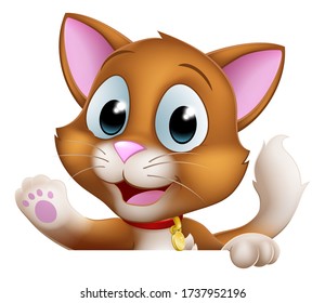 A cat cartoon pet kitten cute animal character peeking over sign   waving 