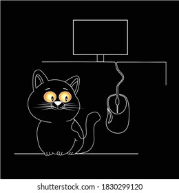 Cat and computer mouse. Line drawing isolated on black background.