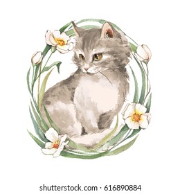 猫 かわいい子猫と花 水彩画 のイラスト素材 Shutterstock
