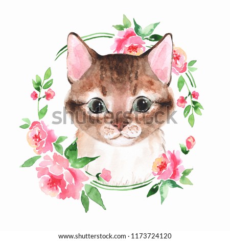 Cat. Cute kitten and flowers. Watercolor painting 