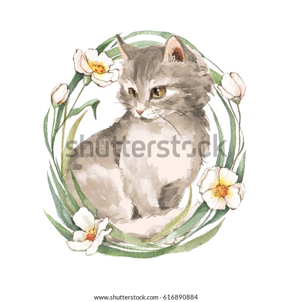 猫 かわいい子猫と花 水彩画 のイラスト素材 Shutterstock