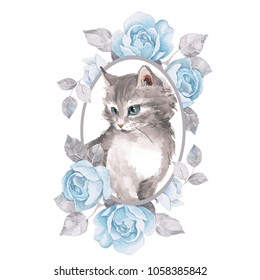 Cat. Cute kitten and roses. Watercolor illustration