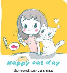 Cat day cartoon with cute girl and cat with licking snack  - Powered by Shutterstock