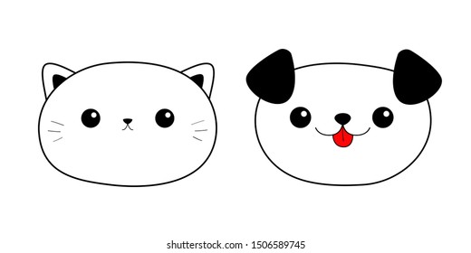 Cat Dog head face. Linear silhouette icon set. Contour line. Cute cartoon kitty puppy character. Kawaii animal. Funny baby kitten pooch. Love card. Flat design. White background. Isolated