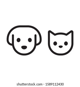 Cat and dog head line icon. Simple pet face pictogram, black and white outline drawing. Illustration set.