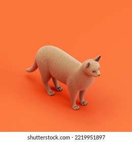 Cat Doll, Stuffed Animal Made Of Brown Cloth, Domestic Animal From Isometric View, Handmade Pet, 3d Rendering, Nobody