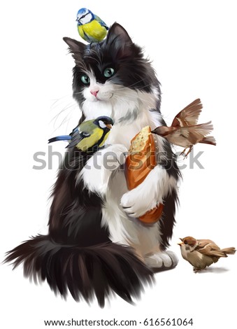 Cat feeding birds watercolor painting