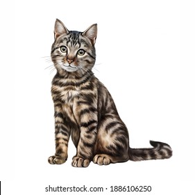 The Cat (Felis Silvestris Catus) Realistic Drawing Illustration For Pet Encyclopedia Isolated Image On White Background