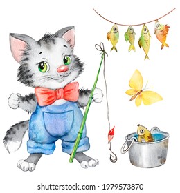 Cat fishing, watercolor illustration, bucket of fish, catch, fishing, hobby, fluffy pet, cute gray cat 
