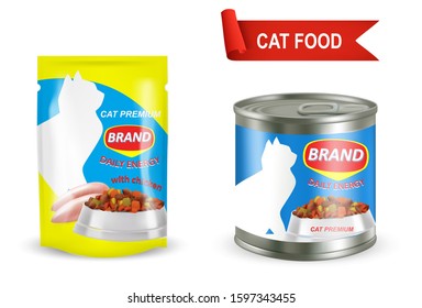 Cat Food Package Mockup Set, Realistic Illustration Isolated On White Background. Stand Up Foil Pouch Bag And Metal Can For Wet Canned Pet Food Packaging.