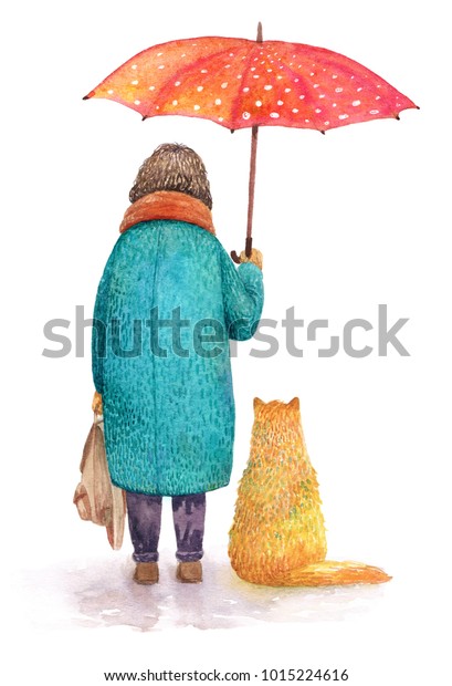 傘の下に猫と女の子が一緒に隠れて 水彩イラスト のイラスト素材