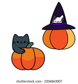 Cat halloweeen set magic pumpkin witch hat illustrations 