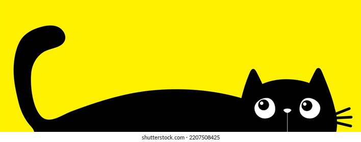 Cat Hiding Silhouette. Funny Face Head. Black Kitten. Cute Kawaii Animal. Baby Card. Notebook Cover. Cartoon Pet Character. Sticker Print. Banner. Flat Design. Yellow Background.