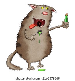 the cat is holding a small bottle of valerian in his hand. cartoon caricature on a white background.