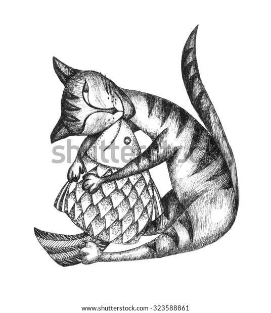 Cat Hugging Fish Drawing Pen On Stock Illustration 323588861