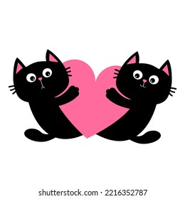 Cat Kitten Kitty Family Couple Holding Big Pink Heart. Happy Valentines Day. Cute Cartoon Kawaii Funny Animal Character. Love Card. Sticker Print. Flat Design. White Background. Isolated. 