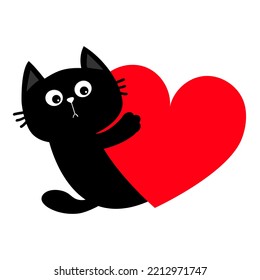 Cat Kitten Kitty Head Face Holding Big Red Heart. Happy Valentines Day. Cute Cartoon Kawaii Funny Animal Character. Flat Design. Love Card. Sticker Print. White Background. Isolated. 