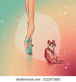 the cat is looking at the legs of the pointe dancer, cute illustration with a gradient on the background