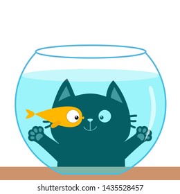 Cat Looking Through Aquarium Glass. Playing With Gold Fish. Big Eyes. Swimming Goldfish. Paw Print Hand. Cute Cartoon Kawaii Funny Baby Character. Flat Design. White Background.