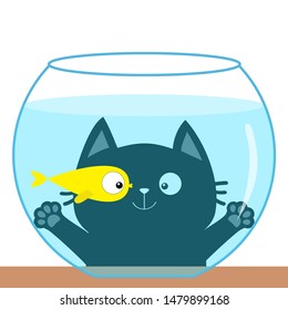 Cat Looking Through Aquarium Glass. Playing With Gold Fish. Cute Cartoon Kawaii Funny Baby Character. Big Eyes. Swimming Goldfish. Paw Print Hand. Flat Design. White Background. 