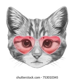 Cat in Love! Portrait Cat and sunglasses  Hand  drawn illustration 