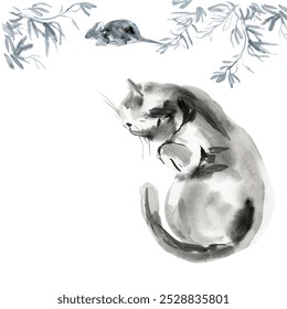 Cat lying under a olive tree and dreaming about mouse. Cat sleeps under olive branch. A mouse runs under the leaves near a sleeping cat. Sketch is maid in a watercolor stain of cat in black and blue