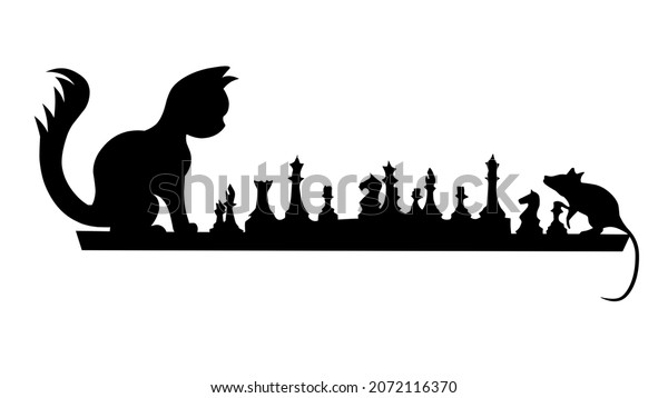 Cat and mouse playing chess. Silhouette.\
illustrations art