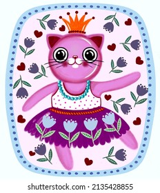 Cat pink  ballerina with big eyes and yellow crown , dancer motiv on pink background with purple flowers and red hearts on blue frame. Birthday or celebration motiv on T-shirt, print, wallpaper,fabric