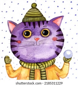 Cat Playing Snowballs Watercolor Illustration Stock Illustration ...