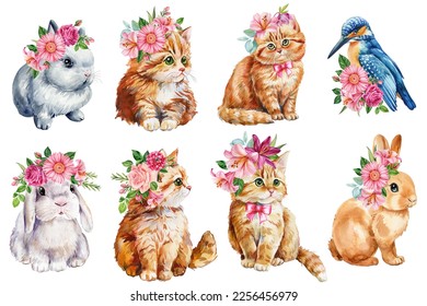 Cat, puppy, bunny and flower. Spring flora. Cute animal on isolated white background. watercolor illustration. - Powered by Shutterstock