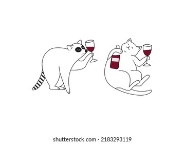 Cat And Racoon Drinking Wine Illustration