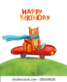 Cat In Red Car. Happy Birthday. Watercolor Illustration. Hand Drawing