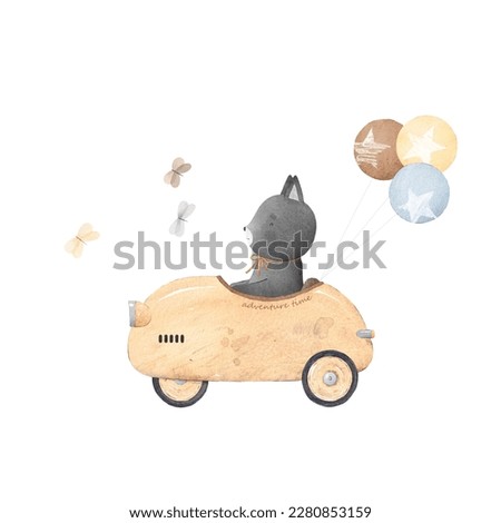 Cat rides in a beige sports car. Watercolor illustration. Children's decor.