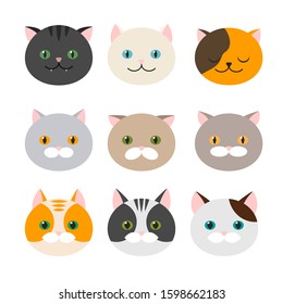 Cat. A Set Of Flat Feline Head Icons. Illustration. Kitty, Pets. Exotic And Ordinary Cats. Bitmap Copy.