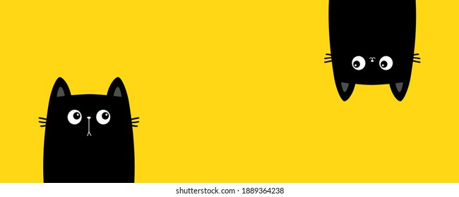 Cat set line. Two black kitten face silhouette. Hanging upside down. Funny Cute kawaii cartoon baby character. Notebook sticker print template. Happy Halloween. Flat design. Yellow background. 
