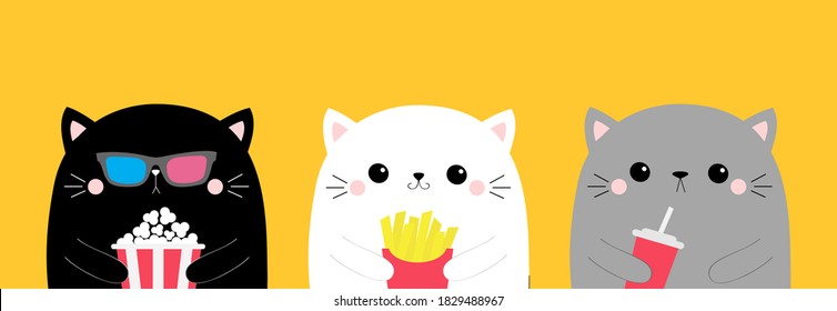 Cat Set. Popcorn, French Fries, Soda. Cute Cartoon Funny Character. Cinema Theater. Film Show. Kitten In 3D Glasses Watching Movie. Kids Print For Notebook Cover. Yellow Background. Flat Design