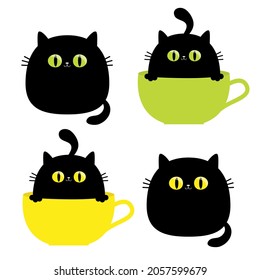 Cat Set In Tea Coffee Cup. Yellow Green Eyes, Paw Hands, Tail. Black Silhouette. Cute Cartoon Funny Character. Baby Pet Animal. Sticker Tshirt Print Template. Flat Design. White Background. 