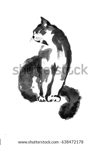 Cat sitting isolated picture. Painted in the style of traditional oriental painting, a free brush,  monochrome image.