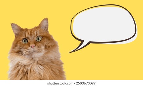 Cat with speech bubble isolated on yellow background, perfect for messaging. - Powered by Shutterstock