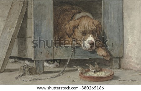 Cat Spies Birds While a Dog Sleeps, by Henriette Ronner, c. 1850-90, Belgian-Dutch watercolor painting, on paper. Humorous scene with hunting cat eyeing birds from under the house of a sleeping dog.