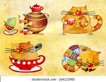 Cat And Tea Party. Watercolor