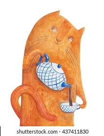 Cat Teapot Cup Tea Watercolor Illustration Stock Illustration 437411830 ...