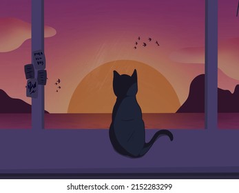 Cat Watching The Sunset. Aesthetic Lofi Room For You.