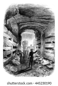 The Catacombs of Rome, vintage engraved illustration. Magasin Pittoresque 1861.